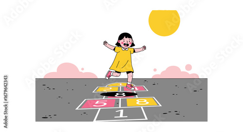 Joyful Girl Playing Hopscotch On A Sunny Day In A Playful Cartoon Illustration