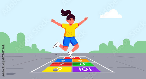Joyful Girl Playing Hopscotch On Pavement During A Bright And Sunny Day Scene