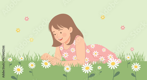 Joyful Girl Lying In The Green Grass Meadow and Smelling Daisy Flowers