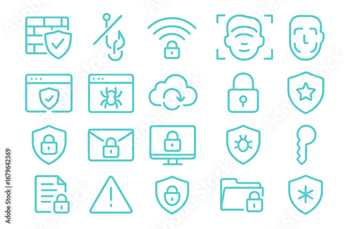 Collection of cybersecurity icons illustrating various protection measures in a digital environment
