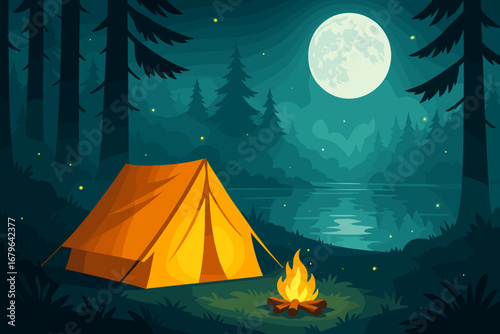 Camping by the lake under a bright moonlight with a glowing campfire and surrounded by tall trees and a serene atmosphere