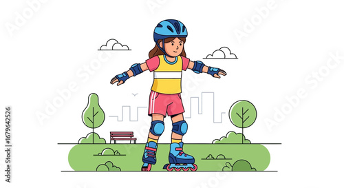 Joyful Girl Rollerblading In The Park Wearing Protective Gear For Fun And Recreation