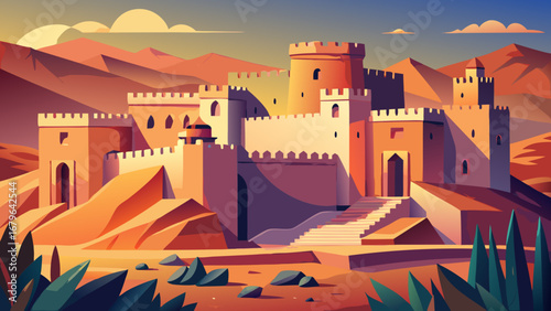 Al Zubarah Fort, Qatar, presents ochre towers, crenellated ramparts, and desert courtyards. Soft light falls on geometric walls; semi-realistic flat vector highlighting linear rhythm, symmetry, and wa