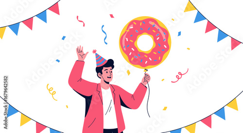 Joyful Celebration With A Donut Balloon Amidst Festive Decorations And Confetti