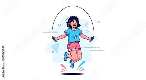 Joyful Girl Skipping Rope in Active Fitness Activity with Animated Visuals