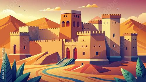 Al Zubarah Fort, Qatar, presents ochre towers, crenellated ramparts, and desert courtyards. Soft light falls on geometric walls; semi-realistic flat vector highlighting linear rhythm, symmetry, and wa