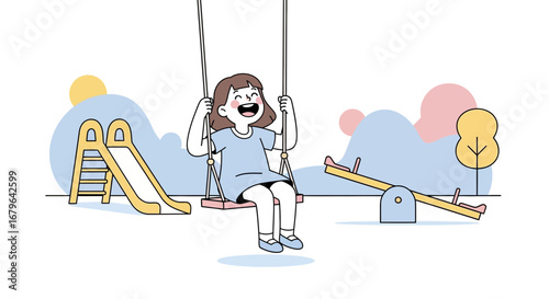 Joyful Girl Swinging on Playground Equipment in a Playful, Colored Illustration