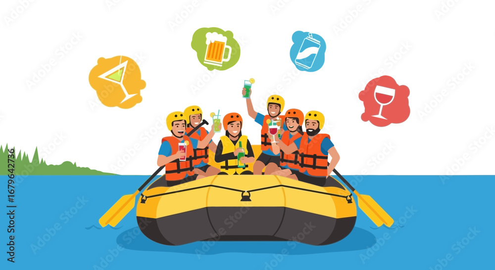 Fototapeta premium Joyful Group On Raft Toasting Drinks In Nature Enjoying Summer Activity Together