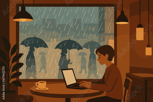 Person Using Laptop Inside Warm Café While Watching Heavy Rain and Pedestrians with Umbrellas Through Large Window