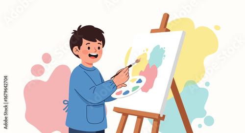 Joyful Child Artist Painting a Colorful Creation on a Canvas in Studio or Home