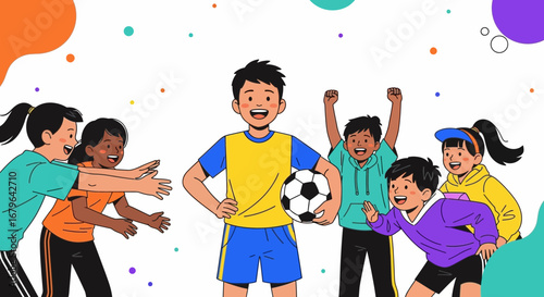 Joyful Group Of Youngsters Playing Soccer Together, Celebrating Victory And Teamwork