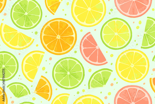 Bright watercolor citrus fruit pattern with lemon, lime, orange, and grapefruit slices and dots on light mint green background