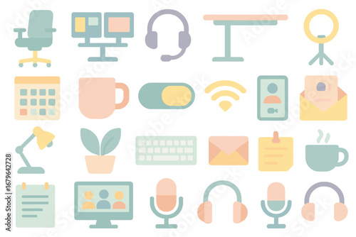 Workspace setup featuring office supplies, technology, and tools for remote work in a pastel color scheme