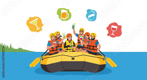 Joyful Group On Raft Toasting Drinks In Nature Enjoying Summer Activity Together