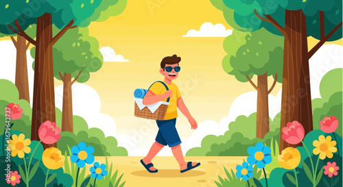 Joyful Guy On A Walking Trail In Green Park Carrying A Picnic Basket For A Break