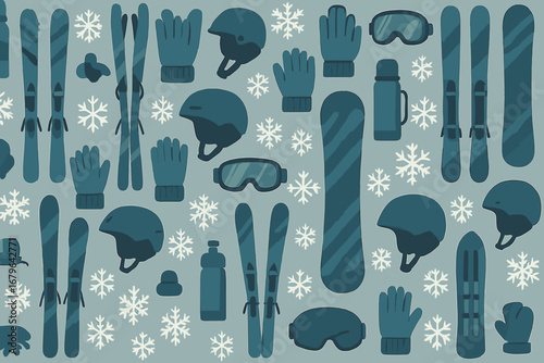 Essential winter sports gear arranged on a blue background featuring skis, goggles, gloves, helmets, and snowflakes during a snowy season