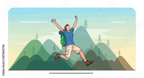 Joyful Hiker Celebrates Success, Reaching Peak Destination With Open Arms, Fresh Air