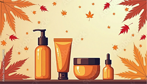 Autumn-themed skincare products displayed with falling leaves in a vibrant graphic illustration