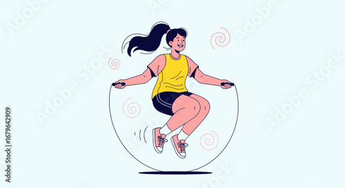 Joyful Illustration of a Woman Jumping Rope Outdoors in a Flat Design Style