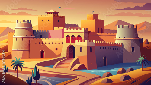 Al Zubarah Fort, Qatar, presents ochre towers, crenellated ramparts, and desert courtyards. Soft light falls on geometric walls; semi-realistic flat vector highlighting linear rhythm, symmetry, and wa