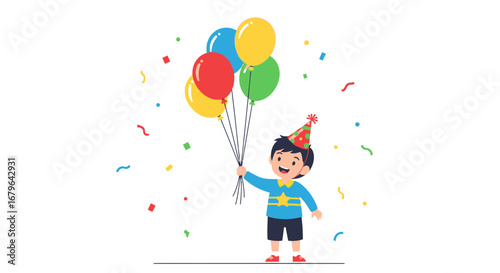 Joyful Illustration of a Young Boy Celebrating a Special Occasion with Colorful Balloons