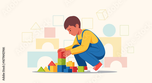 Joyful Child Building Colorful Blocks: Constructing And Learning In A Vibrant Scene