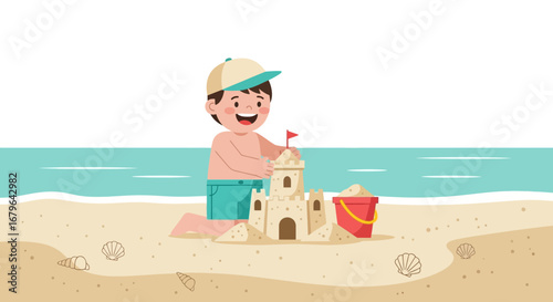 Joyful Child Building Sandcastle on Beach Enjoying Summertime Activity