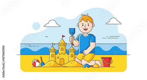 Joyful Child Building Sandcastle on Beach during Summer Leisure Activities Scene