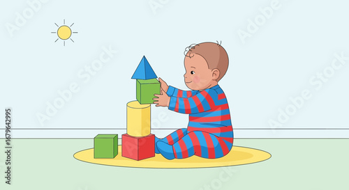 Joyful Infant Builds Tower With Vibrant Geometric Shapes During Playtime Activity