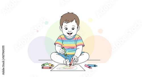 Joyful Infant Creates Art Using Colorful Crayons, Capturing Early Childhood Creativity