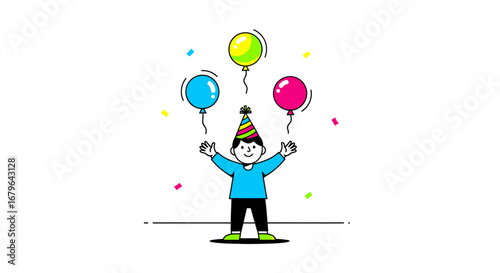 Joyful Child Celebrating Special Occasion With Colorful Balloons and Confetti