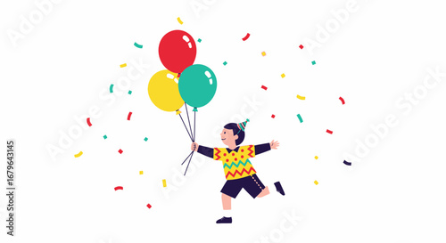 Joyful Child Celebrating With Balloons And Confetti During A Happy Event