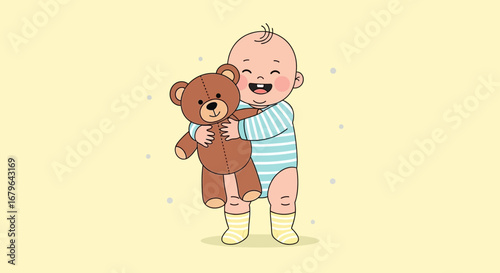 Joyful Infant Embracing a Plush Bear amidst Gentle Specks of Light and Colors