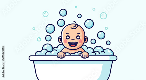 Joyful Infant Enjoying Bubbles Bath In The Tub, Clean And Playful Illustration