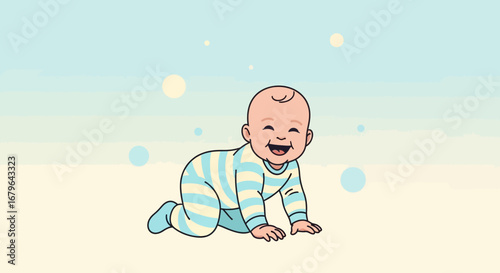 Joyful Infant In Striped Sleepwear Crawling And Giggling With Delight