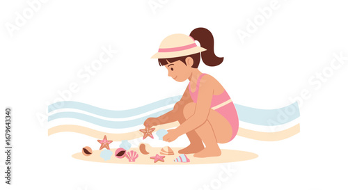 Joyful Child Collecting Starfish and Shells on the Sandy Shoreline during Summer Days