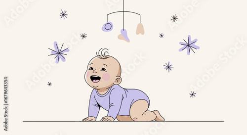 Joyful Infant Laughing While Crawling With Adorable Baby Mobile And Decorations