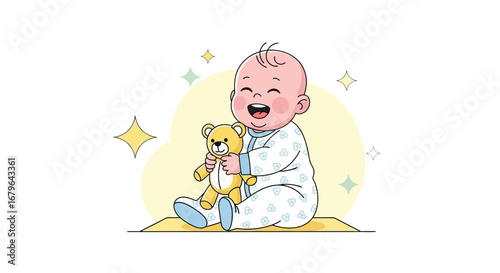 Joyful Infant Laughs While Embracing Teddy Bear, Delightful Cartoon Illustration For Happiness