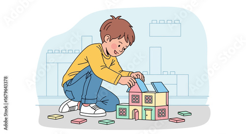 Joyful Child Constructing a Colorful Building Structure with Playful Blocks Illustration