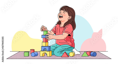 Joyful Child Construction: Building Blocks Tower and Laughing Together With Excitement and Fun