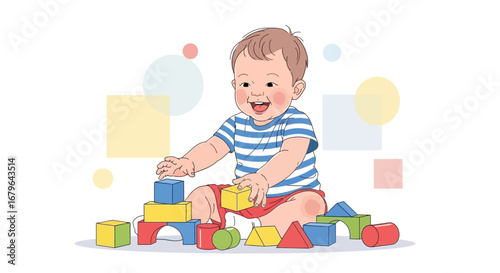 Joyful Infant Playing With Colorful Blocks Stacking Them And Displaying Delight