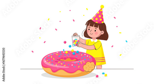 Joyful Child Decorating a Pink Donut with Colorful Sprinkles for a Celebration