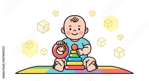 Joyful Infant Playing With Toys, A Cheerful Scene Depicting Early Childhood Activities