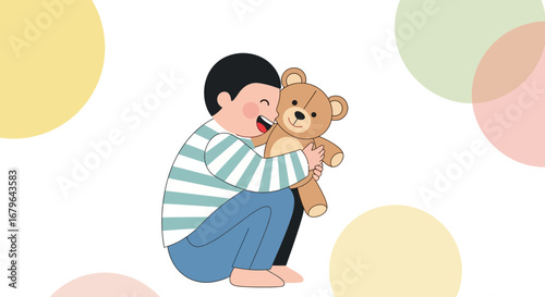 Joyful Child Embraces Teddy Bear Expressing Pure Happiness and Affectionate Bonding