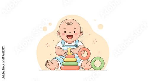 Joyful Infant Plays With Colorful Stacking Rings In Delightful Illustration Style