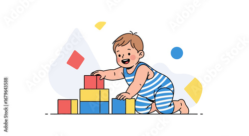 Joyful Infant Plays With Colorful Blocks, A Vector Illustration For Design