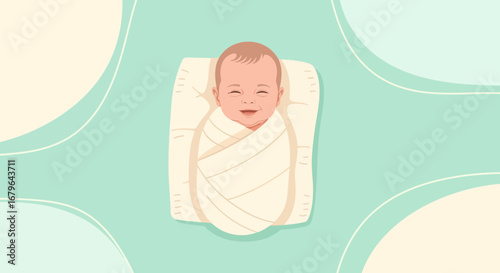 Joyful Infant Smiling in A Swaddled Wrap Amidst Serene Pale Green Background