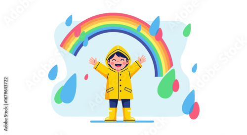 Joyful Child Embracing Rainbow And Rain Elements in Colorful Illustration