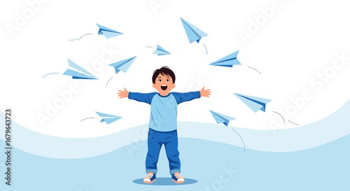 Joyful Child Embracing Scattered Plane Models, Representing New Ventures and Aviation Fun
