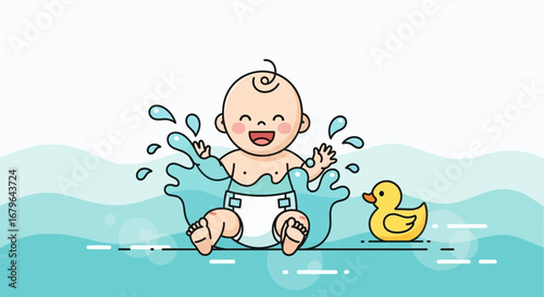 Joyful Infant Splashing in Water Near Rubber Duck, Embracing Playful Moments